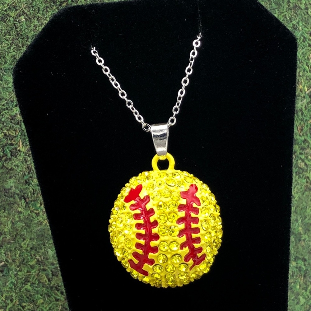 Softball Rhinestone Sports Silver Necklace